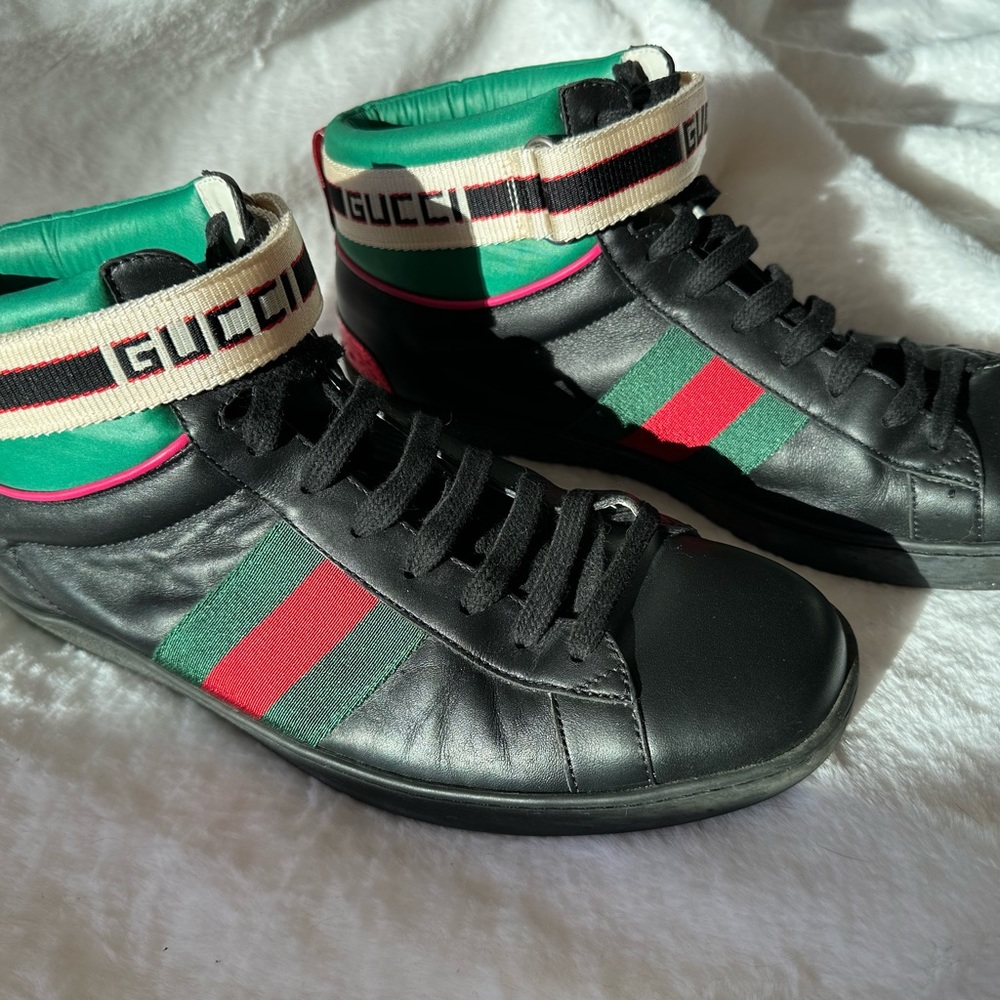 Gucci high top sneakers, men’s size 8 1/2, black leather.